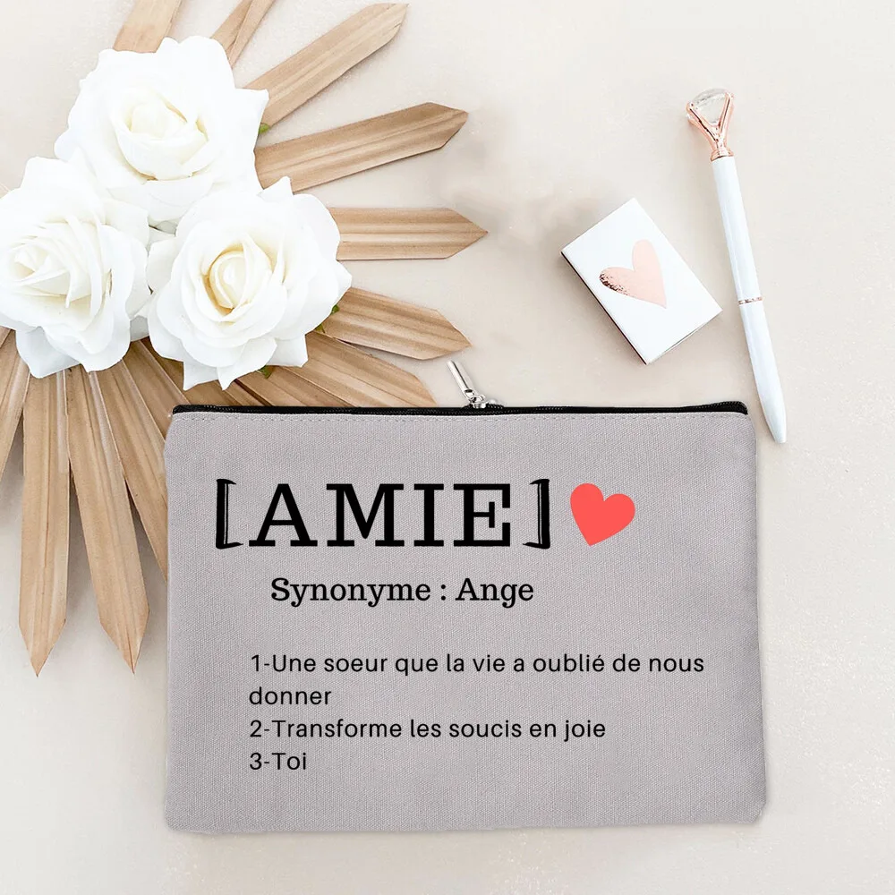 Maman Tata Soeur Amie Definition Print Makeup Bag Women Travel Neceser Toiletry Pouch Zipper Cosmetic Bag Gift for Family Friend