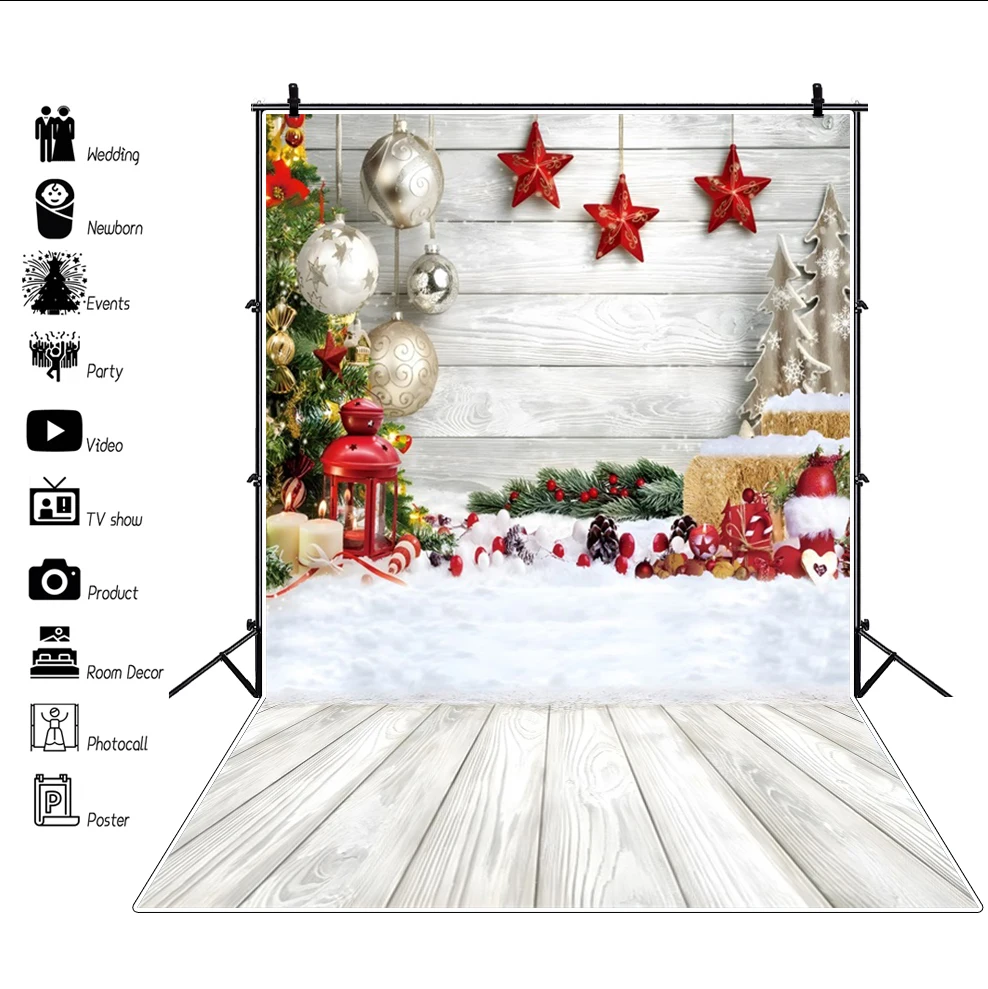 Laeacco Photo Backdrops Christmas Reindeer Sledge Gray Wooden Board Wall Star Xmas Tree Gift Kid Photo Backgrounds Photo Studio