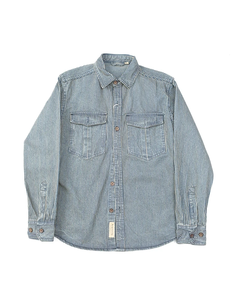 

Retro Waed American Sle Workwear irt Casual Loose Long Sve Thiened Denim Striped Classic irt for Men Autumn Travel