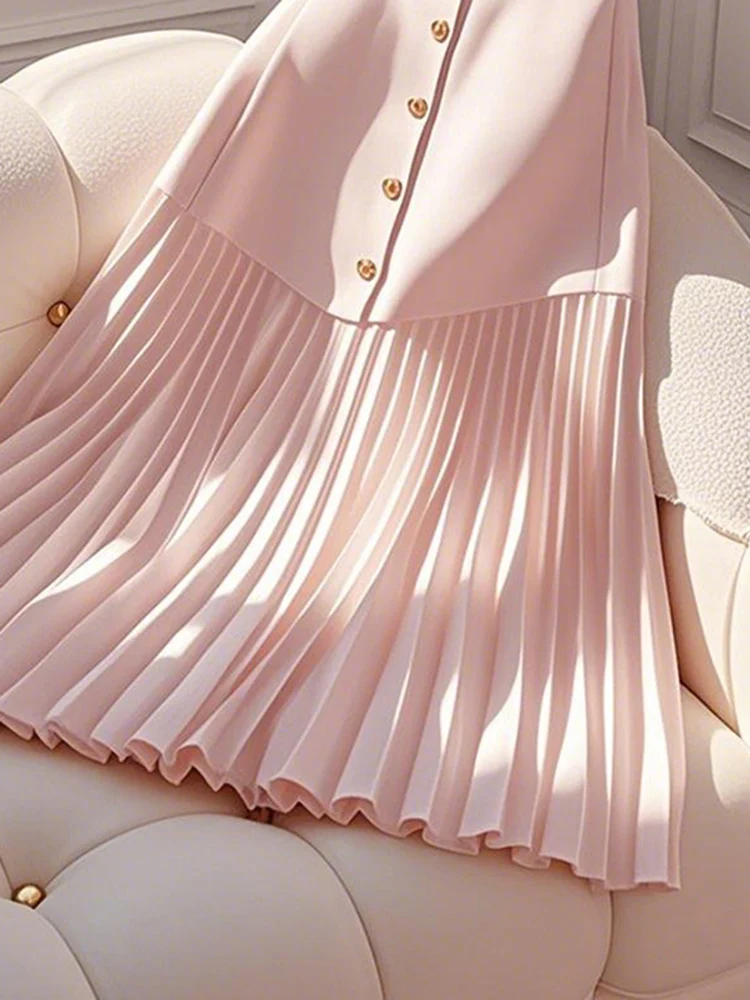 

Unique Beautiful High Waist A-Line Skirt Pink Pleated Women's Faion Spring 2025 Retro Sle Button Splicing Skirts