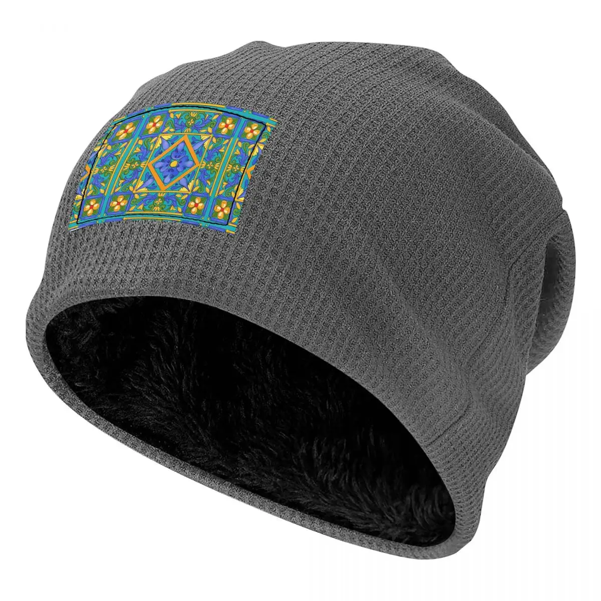 Summer ,Sicilian Tiles ,majolica,lemons ,Mediterranean Waffle Knit Fleece Lined Beanie with PU Leather Patch Winter Soft Cap