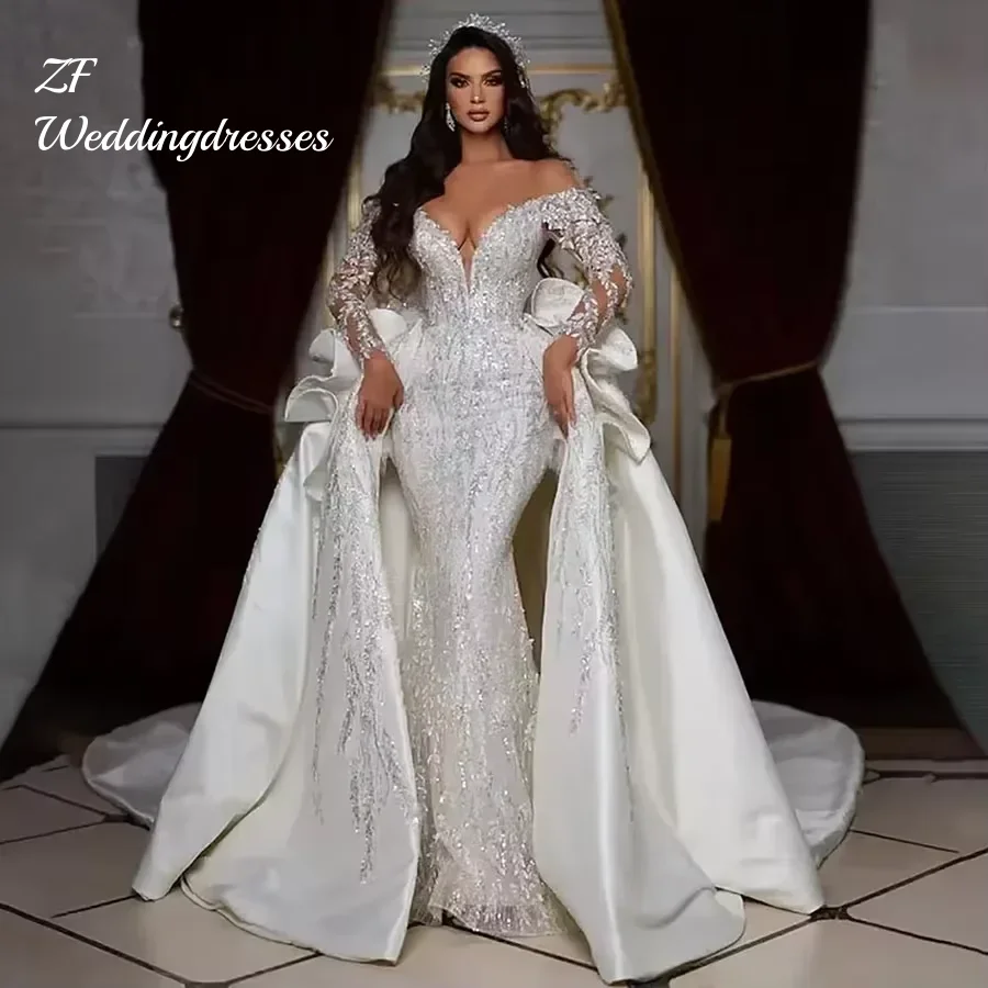 Customized Luxury Shoulder Beads Sequins Wedding Dresses with Detachable Train Bride Dresses Fashion Luxury Robe De Mariage