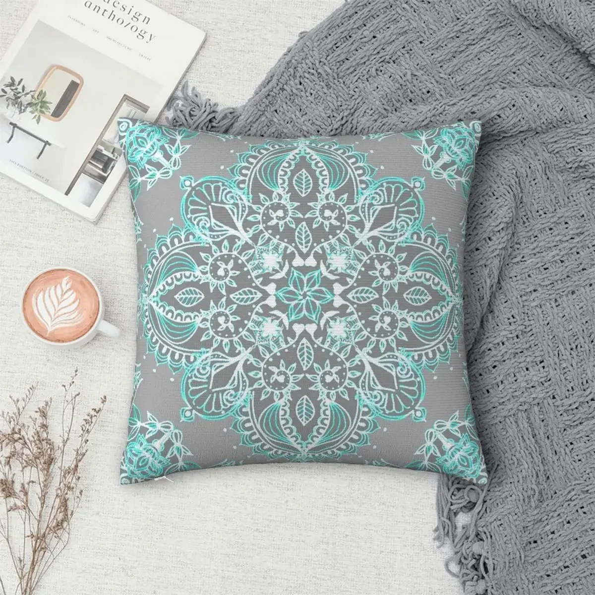 Teal And Aqua Lace Mandala On Grey Pillowcase Polyester Pillows Cover Cushion Comfort Throw Pillow Sofa Decorative Cushions Used