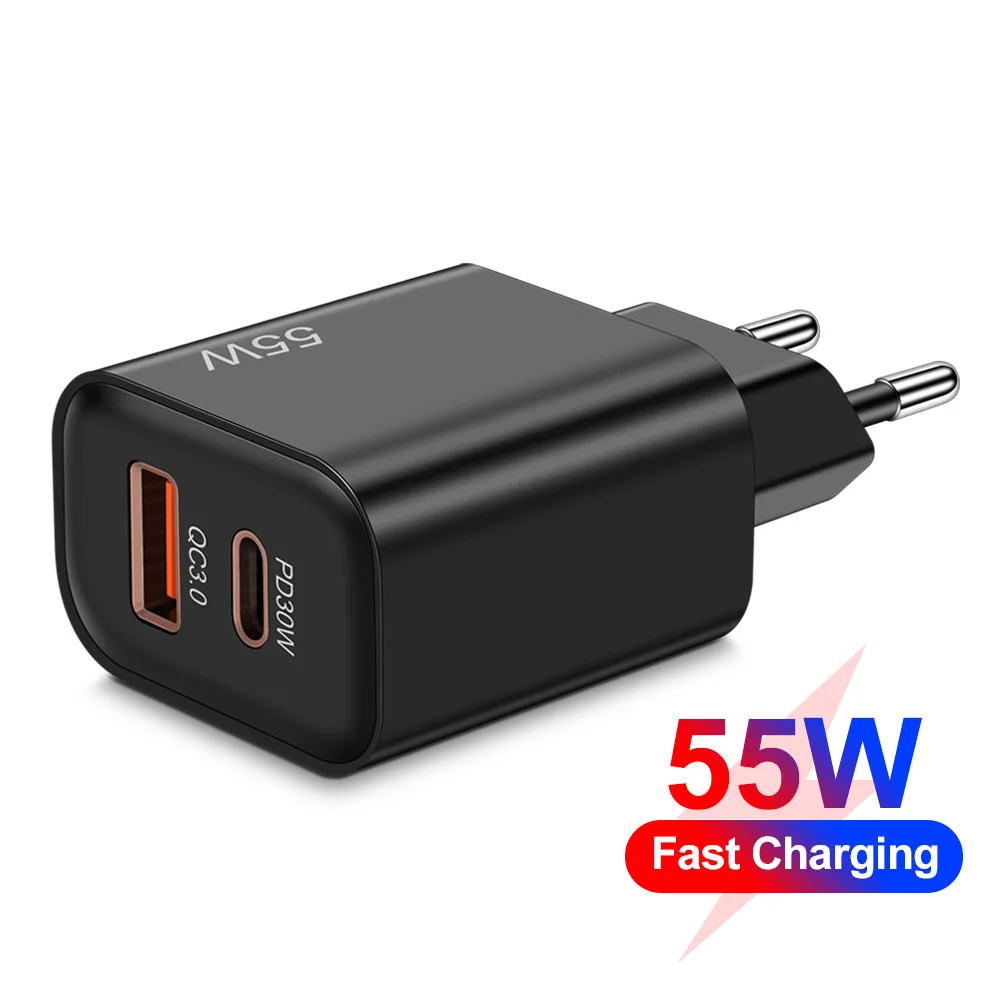 Total 55W USB C Charger Fast Charging Quick Charge 3.0 For iPhone Pro Max Samsung Xiaomi PD 30W Cellphone Wall Charger Adapter