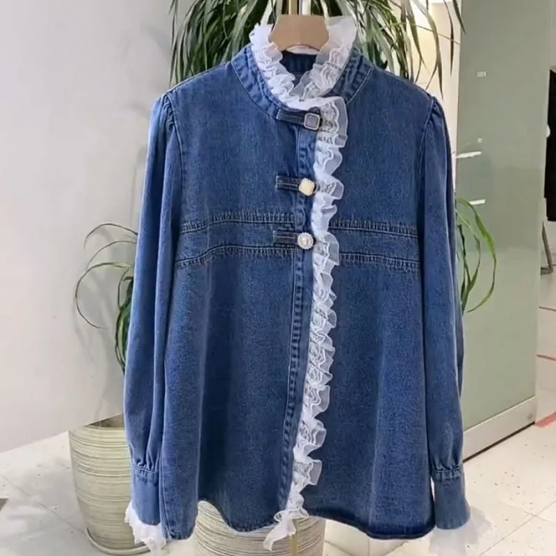 Spring Autumn Lace Stitching Chic Denim Shirt Women\'s Korean Sweet Loose Jean Blouse Fashion Long Sleeve Female Tops