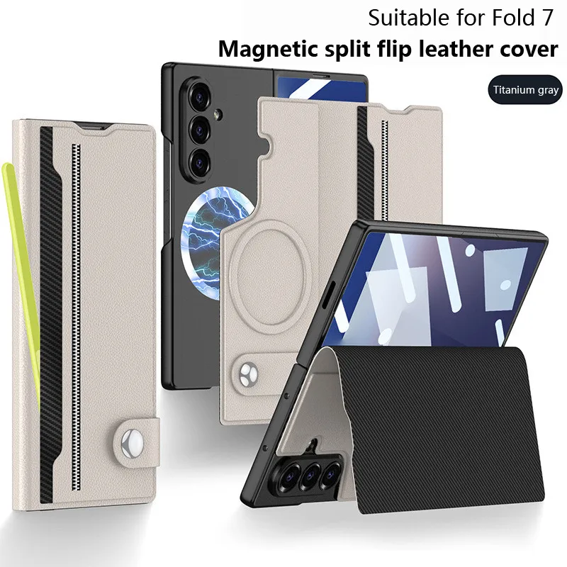 

Magnetic Split Flap Leather Case For Samsung Galaxy Z Fold 7 Fold7 Protect Cover With Tempered Film