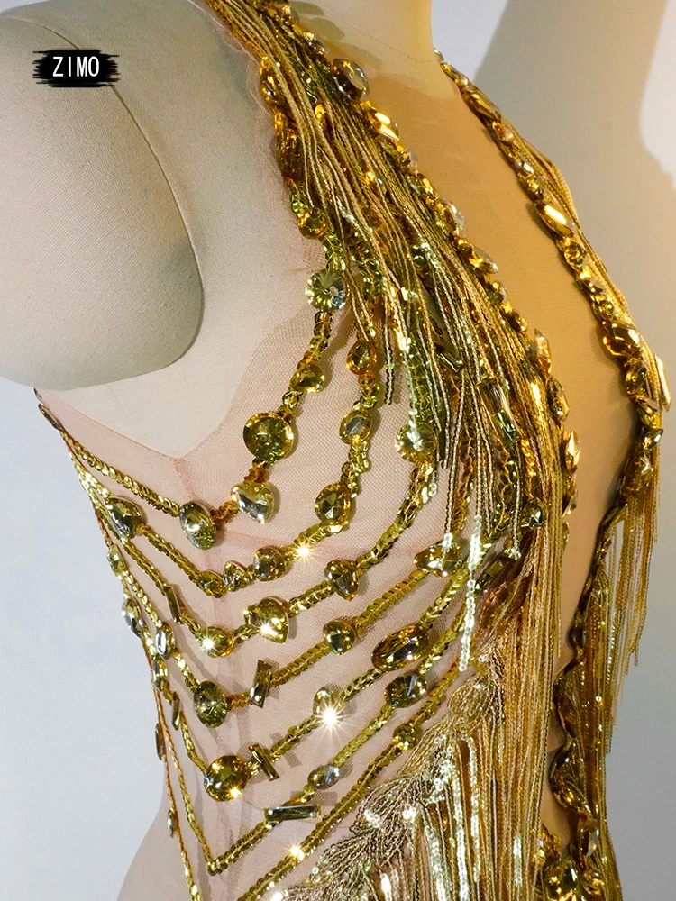 sparkly Perspective women\'s Gold rhinestone sequin fringe Long Dress dancing tassel romper Queen\'s Stage Evening prom party DS