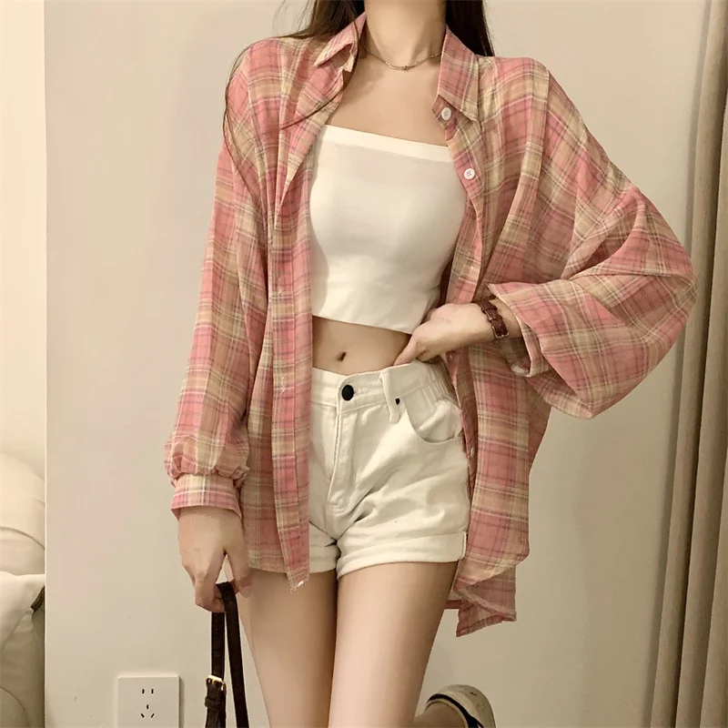 Rosa Kariertes Hemd Frauen Sheer Chiffon Langarm Kragen Button Up Bluse Top Weibliche Sommer Lose Dünne Karo Shirts