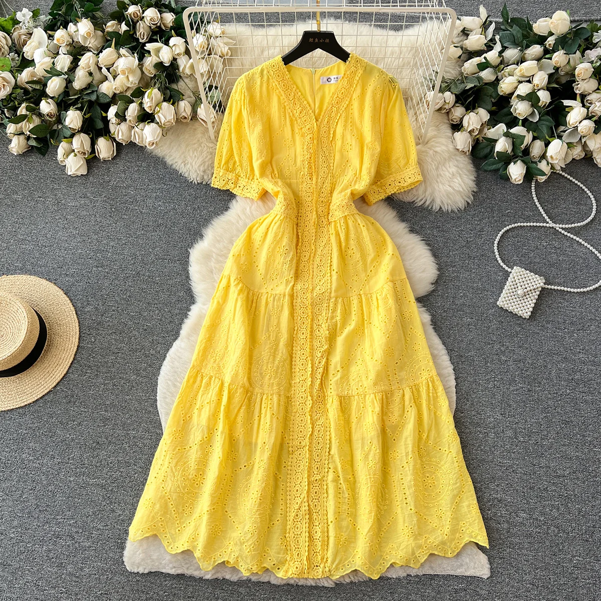 

Croysier Summer Dress Women 2023 Short Sleeve V Neck Boho Cutwork Embroidery Dress Lace Trim Beach Style Holiday Midi Dress