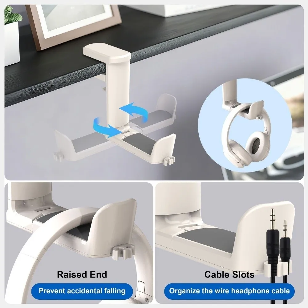 Plastic 4 in 1 Desk Headphone Hanger Space Saving Detachable Under Desk Cup Holder with 2 Wire Holes Rotating Headphone Holder