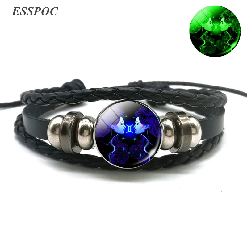 Glowing In The Dark 12 Constellation Leather Wrap Bracelet Punk Zodiac Braided Bracelet for Women Men Gifts Drop Shipping