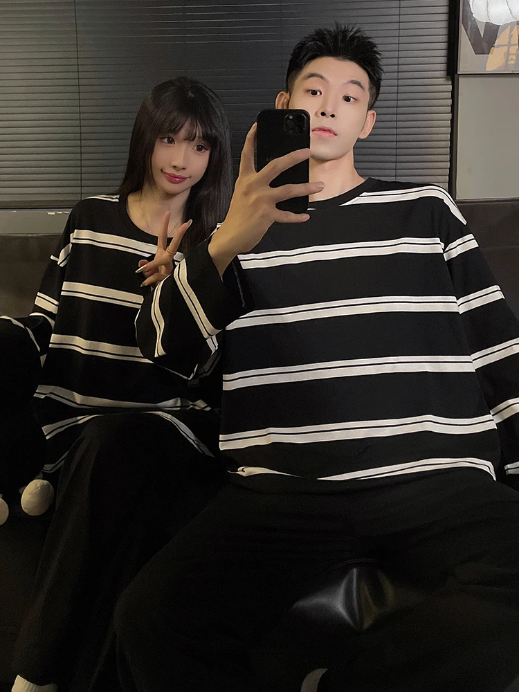 DAIMELU spring sleepwear set autumn couple pajamas women's pure cotton long-sleeved trousers simple casual striped men's lounge