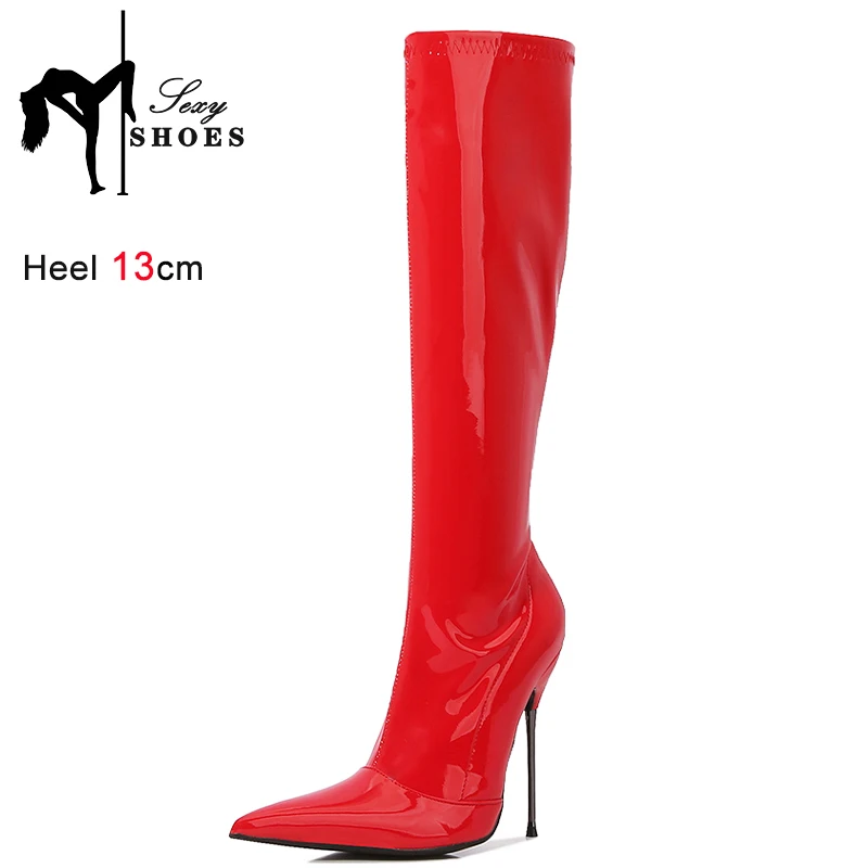 

Red Pointy Knee-High Boots Women Sexy 13CM Thin Heels High Heels Shoes Female Fashion Side-zipper Sexy Autumn New Boots Size 46