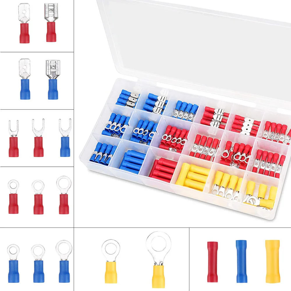 300Pcs Insulated Wire Crimp Terminal Kit Red Blue Yellow Butt Ring Spade Fork Electrical Connectors Assortment Box