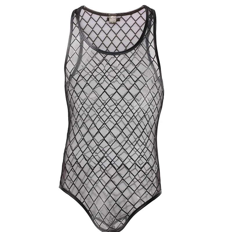 

Men's Black Mesh See Inner Pajama Fitness Bodybuilding Jumpsuit See Through Fishnet Sleeveless O-neck Bodysuit Summer Onesie