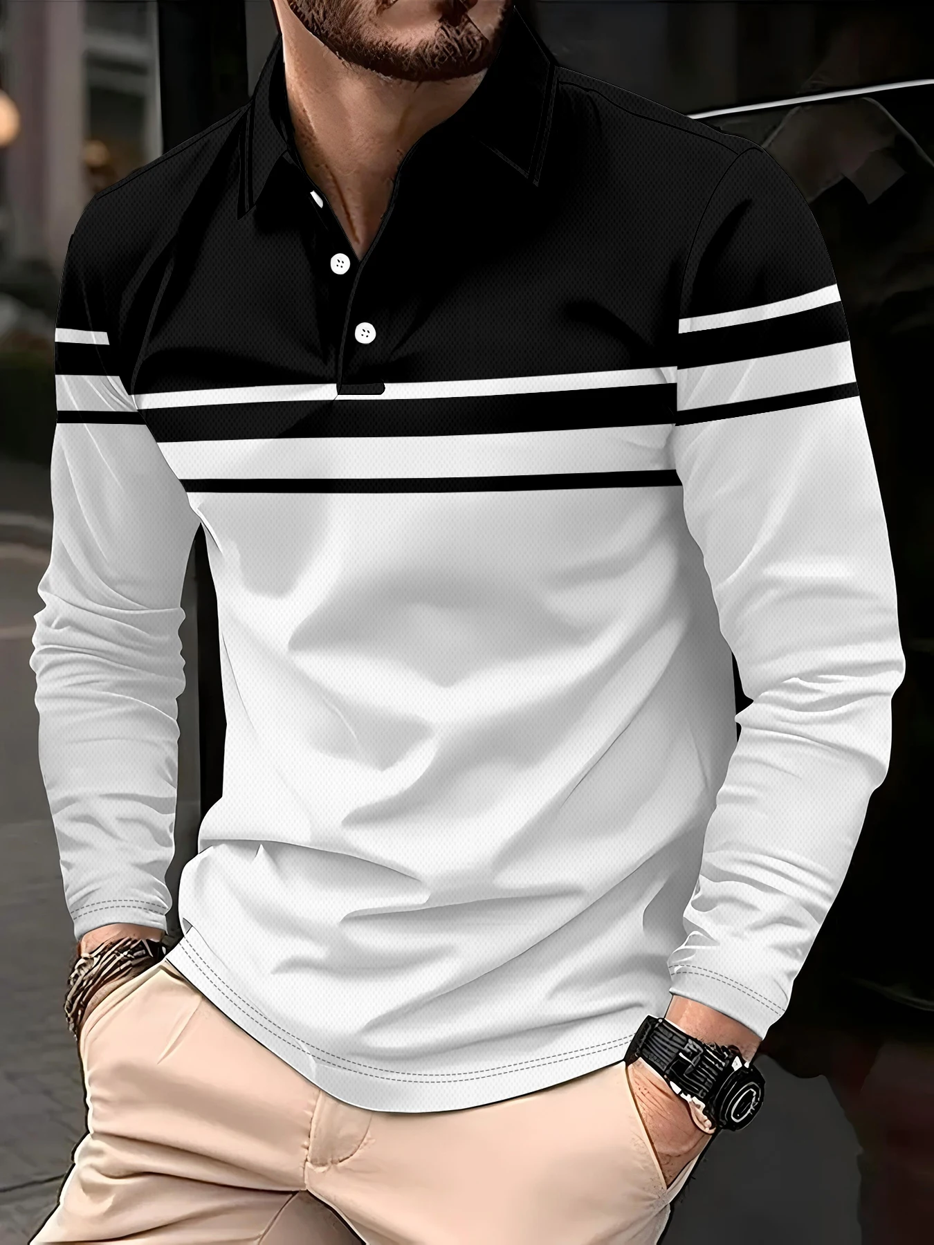 Men's striped long-sleeved Polo shirt for autumn and winter Ideal for casual sporty outdoor and daily wear