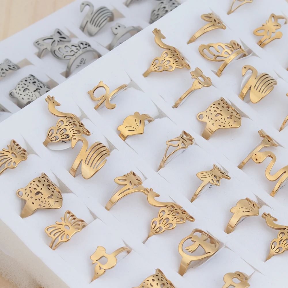 

Wholesale New 24 Pcs/Lot Animal Cat/Snake/Peacock/Butterfly/Fox Waterproof Sweat-resistant Stainless Steel Ring For Women