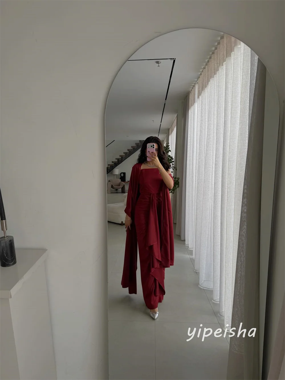 Customized Burgundy Pleat Ruched Draped Shawl Straight Strapless Long Dresses Evening Dresses Sizes Available High Quality