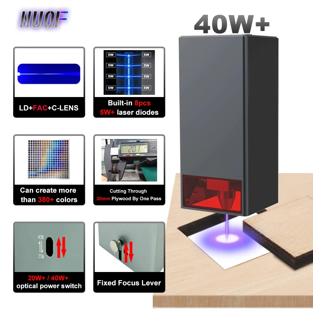 NUOF 40W 광학 파워 레이저 모듈, TTL 블루 라이트 레이저 헤드, CNC 기계 절단 조각기용 에어 어시스트 포함, 8 개 다이오드 