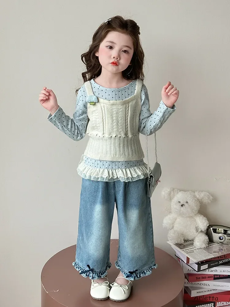 

2025Girls' Spring and Autumn New Fashionable Korean Style Casual Knitted Sweater Camisole Three-Piece Set
