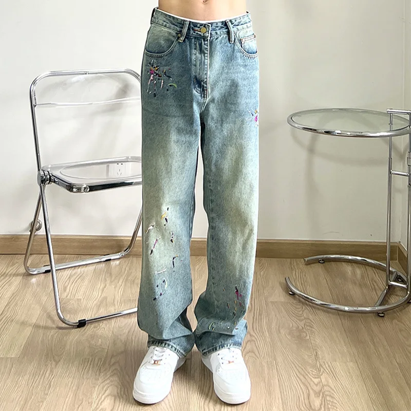 Jeans American High Street Embroidery Splashed with Ink Wash Old Ins Trendy Brand Loose Straight Tube Street Hip-hop Pants