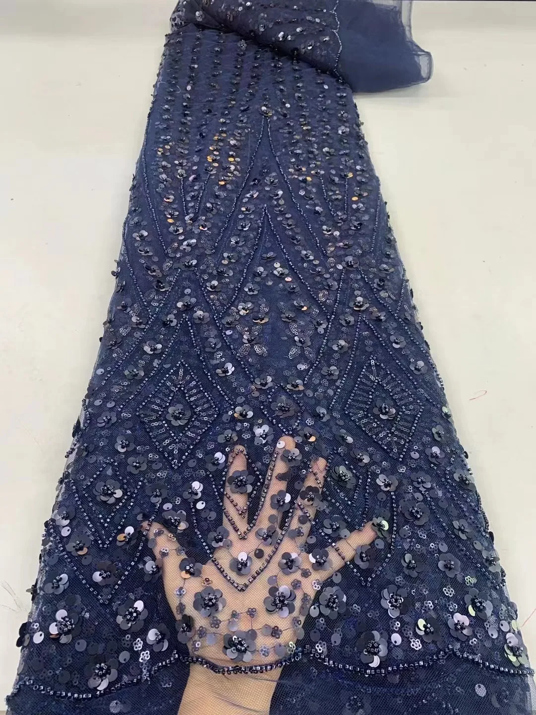 2023 navy blue High Quality Sequined Lace Fabric French African Tulle Lace Fabric Fashion Nigeria Mesh Wedding Material