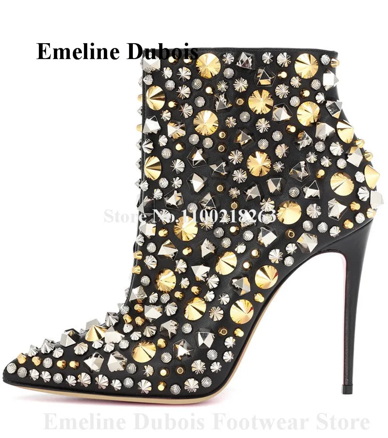 

Rivets Short Boots Emeline Dubois Pointed Toe Sexy Black Gold Silver Studs Stiletto Heel Ankle Booties Gold Silver Spikes Heels