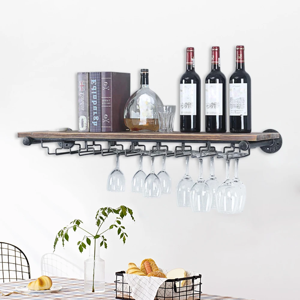 Wine Rack Industrial Pipe Shelf Wall Mounted Rectangular Glass Holder Bar Kitchen Living Room Decoration Bottle Display Bar