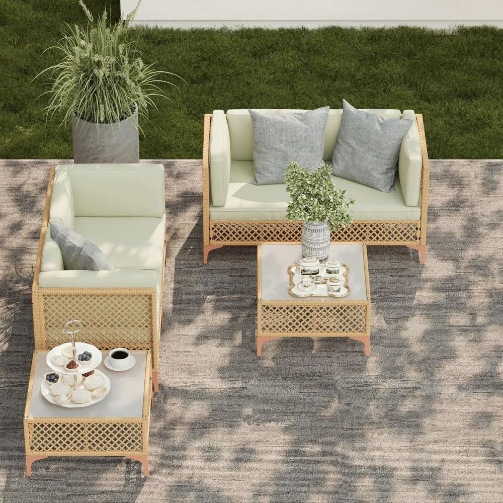 

Outdoor Patio Furniture Set, Wicker Outdoor Sectional Set, Boho Patio Conversation Sectional Sofa with Large Tempered Glass