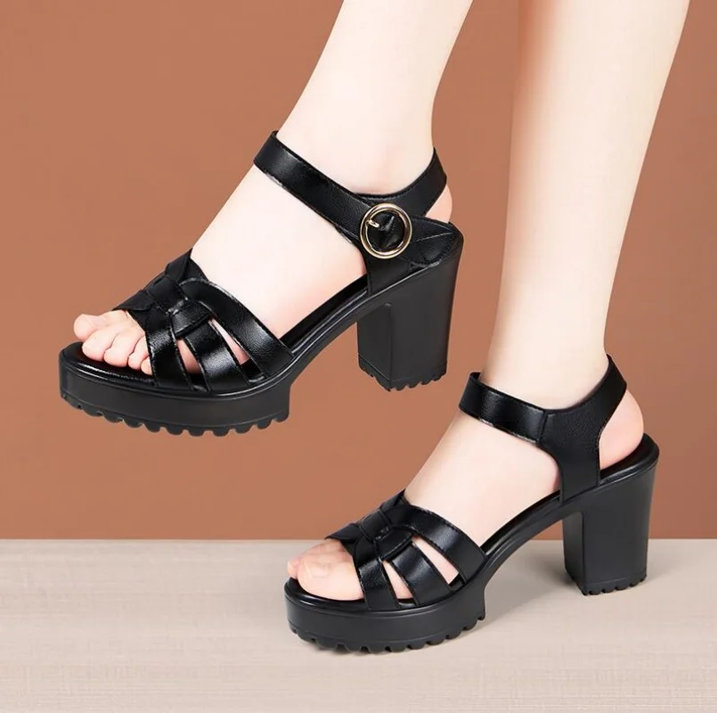 

Women 8cm Size 34-43 Leather Platform Shoes Summer Women's Block High Heels Gladiator Sandals Office