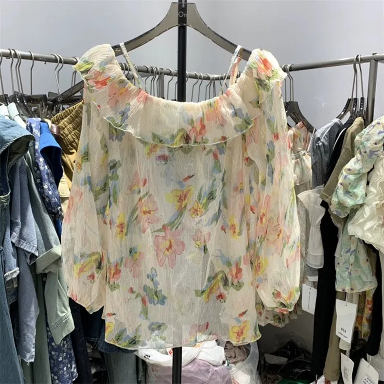 Summer New 2026 Feminine Chiffon Slash Neck Sweet Ruffled Tops Lantern Sleeve Floral Print Loose Fit Lightweight Flowy Gentle