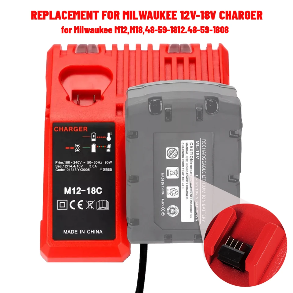 

Быстрое зарядное устройство 3A 12V 14V 18V для литий-ионных аккумуляторов Milwaukee M12-18C с двумя портами и поддержкой различных напряжений M12 M18
