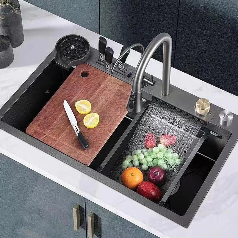 Waterfall Kitchen Sink Topmount Single Bowl Wash Basin Stainless Steel Workstation with Drain Accessories Knife Holder Faucet