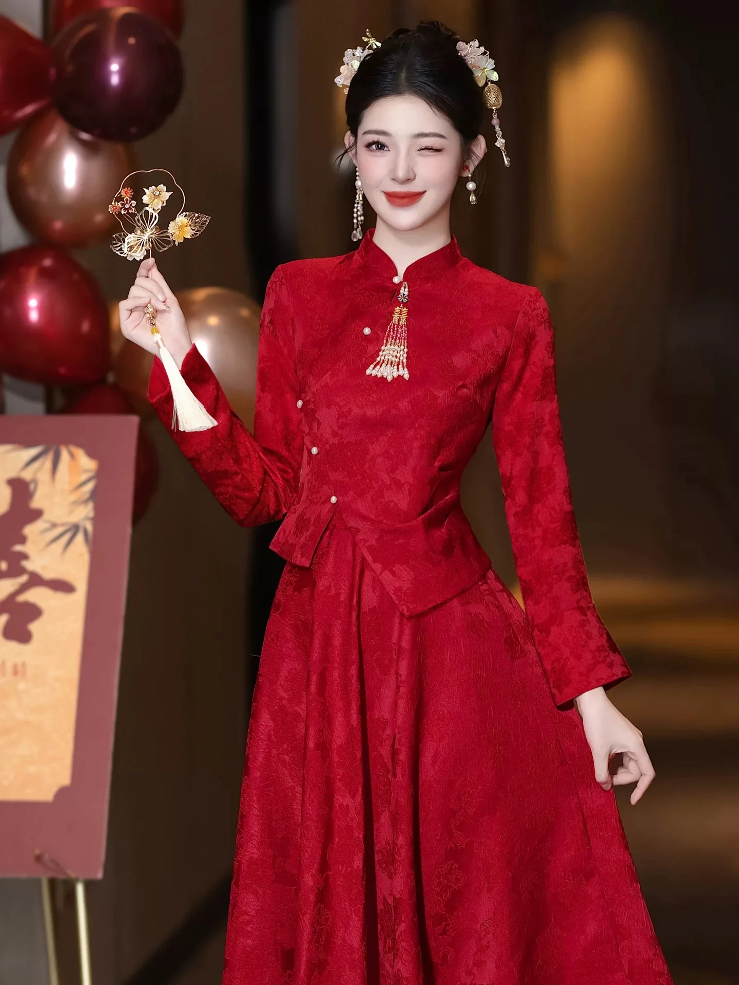 

Ele Red Wedding Dr Set Women's Formal Wear Cotail Par Gown Long Sve Midi Dr for Marriage Celebration