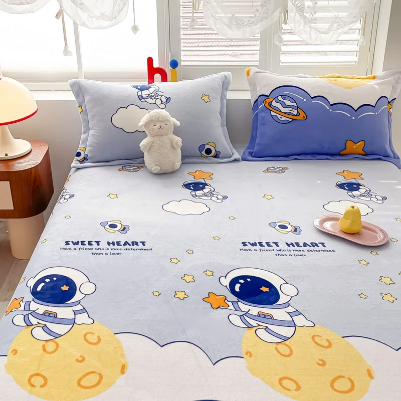 Kids Boys Cartoon Astronaut Flannel Flat Sheet 3pcs Bedding Set Planet Stars Plush Bed Sheet Polyester Sheets with 2 Pillowcases