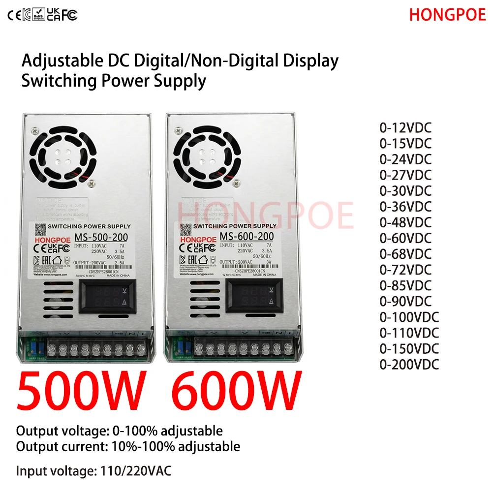 

CE Adjustable 0-200VDC Digital / Non-Digital Display 500/600W SMPS Input 110/220VAC for LED lights CCTV,New Energy Applications