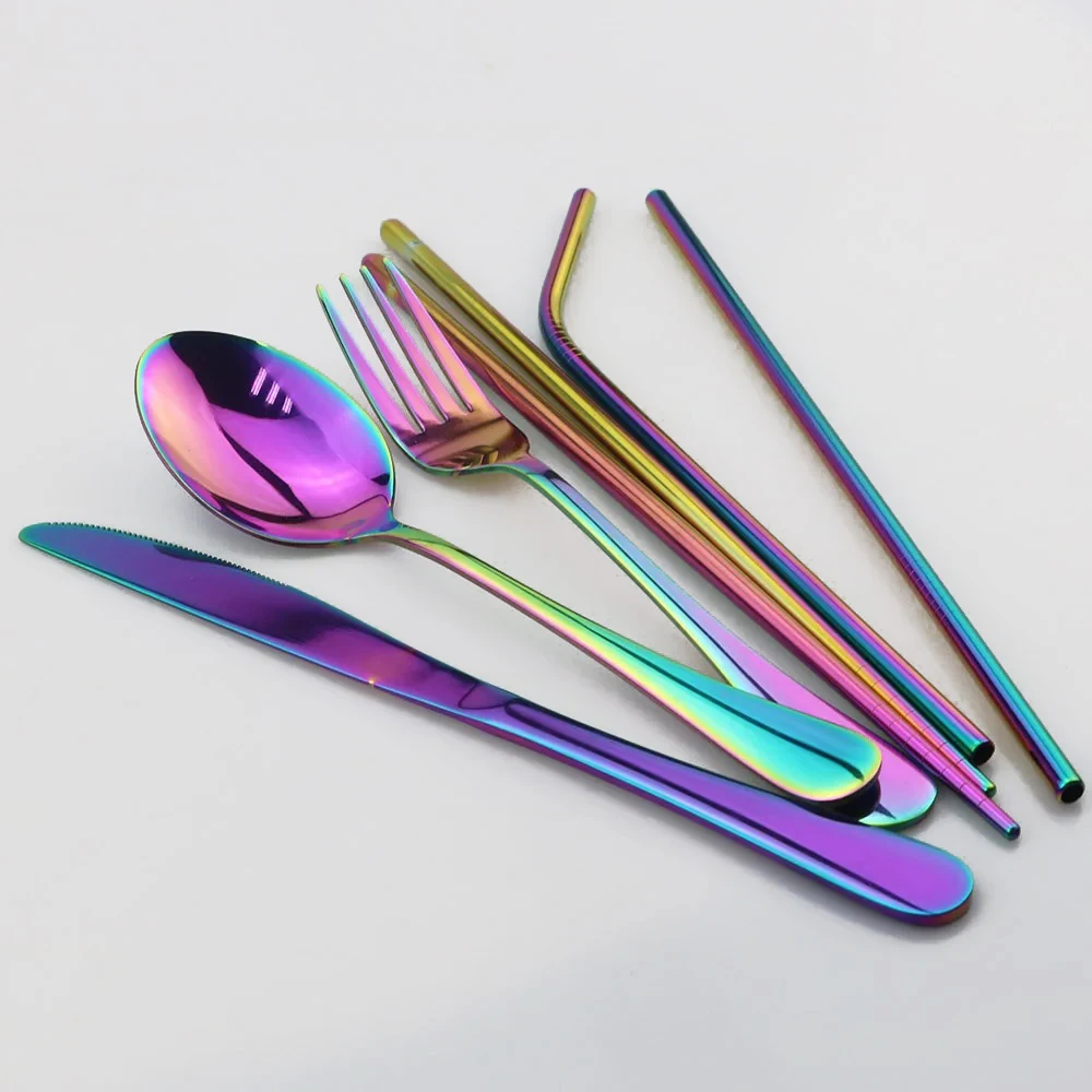 Travel Hiking Dinnerware Set with Reusable Metal Straw Cutlery Stainless Steel Spoon Fork Chopsticks Silverware Portable Pouch