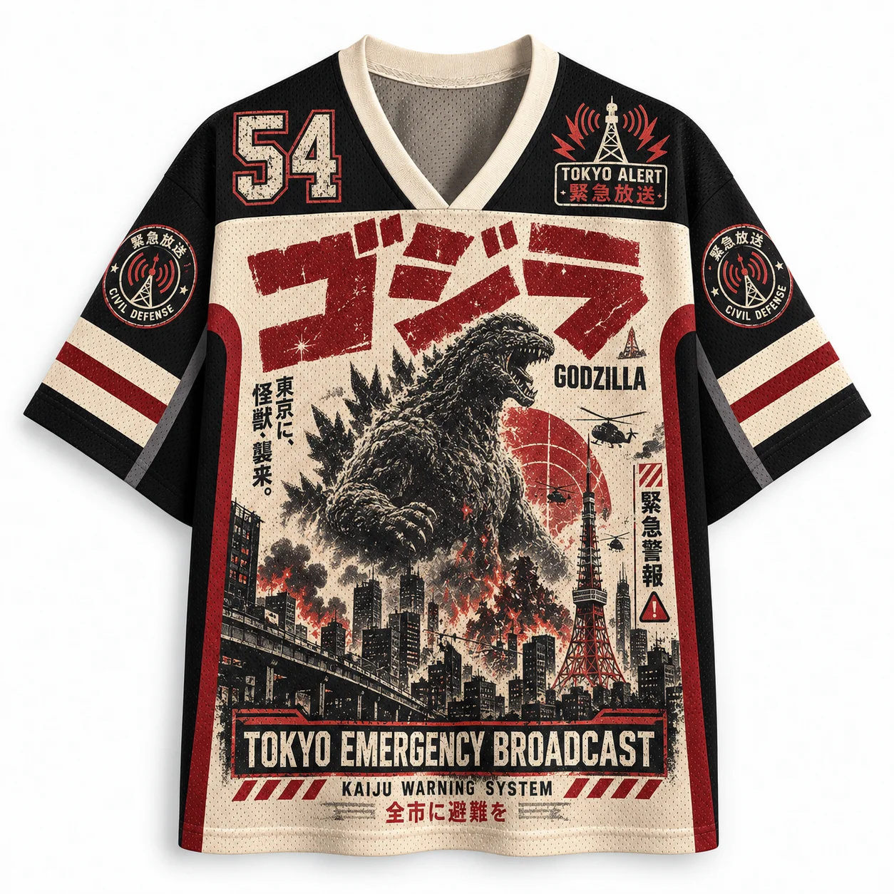 Godzilla 1954 Monster 54 Mesh Shirt Men's and Women's T-shirt Retro Monster Full Print Street Hip Hop Loose Role Playing Top
