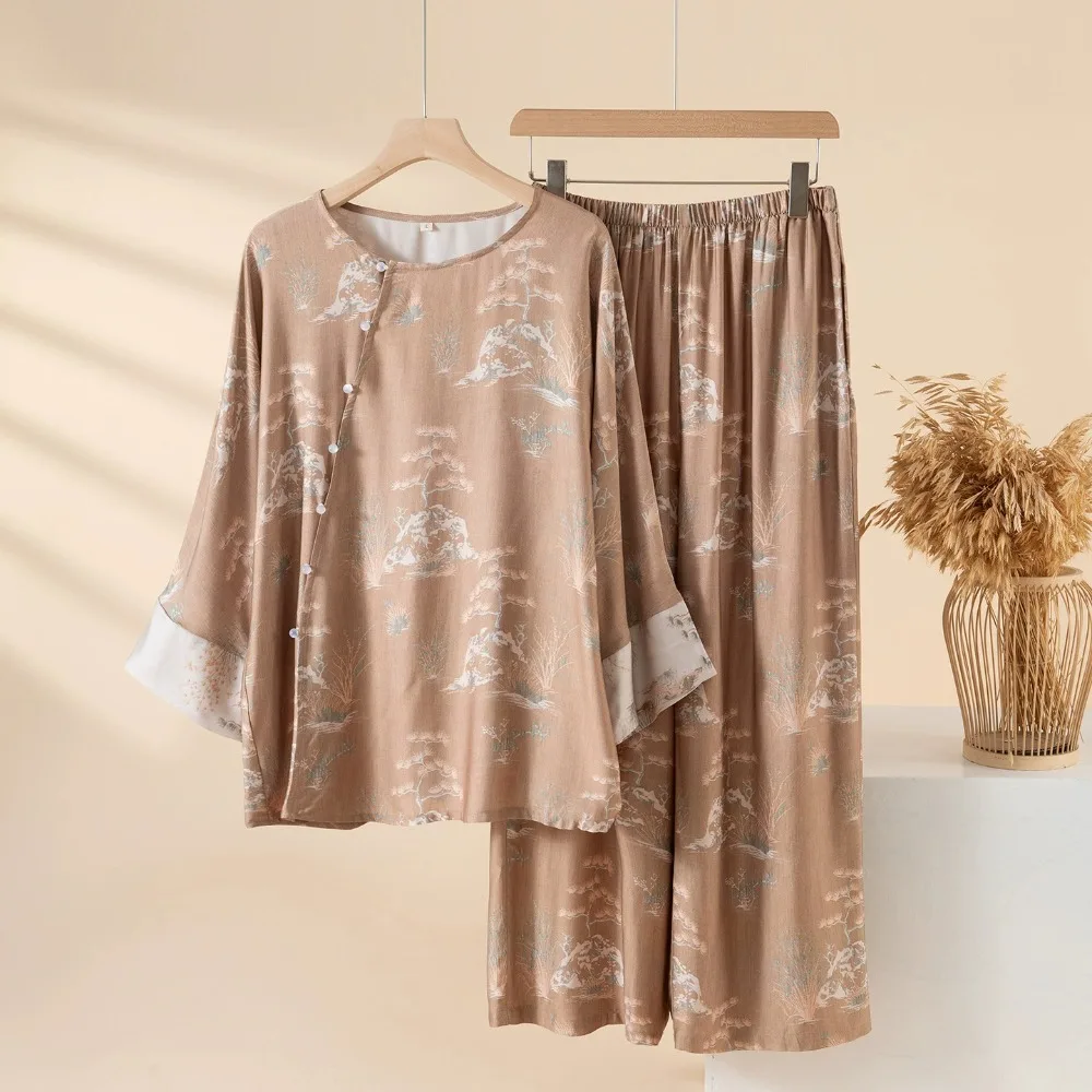 

Новый комплект женской пижамы из чистого хлопка: свободные пижамы с цветочным принтом, 2 предмета, для дома и сна, весна-осень