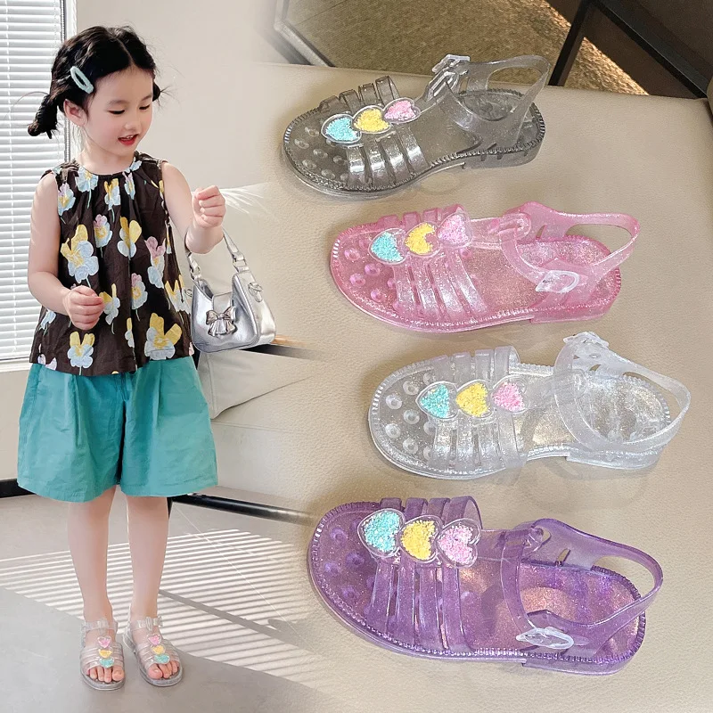Summer Girls Non-slip Beach Roman Sandals Children Heart-shaped Crystal Open-toe Princess Shoes Kids Single-strap Buckle Shoes