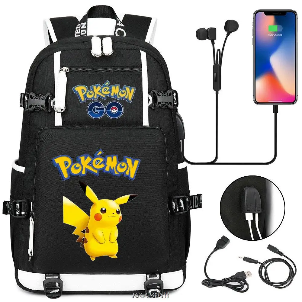 POKEMON Pikachu Backpack USB Charge Black Capacity School Bags For Teens Waterproof Big Travel Laptop Mochilas For Male Femal