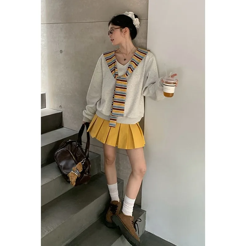 Fashion Solid Color V-neck Striped Shawl Sweatshirt for Women Autumn High-end Versatile Long-sleeved Top Pullover