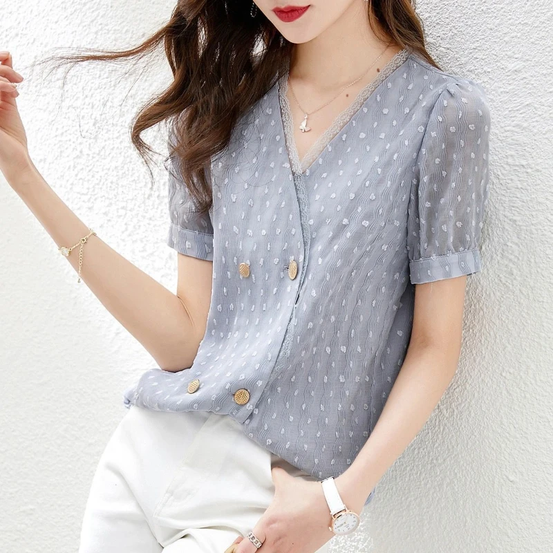 Korean Fashion Summer New Women's V-Neck Solid Color Lace Patchwork Double Breasted Temperament Loose Short Sleeve Shirts Tops