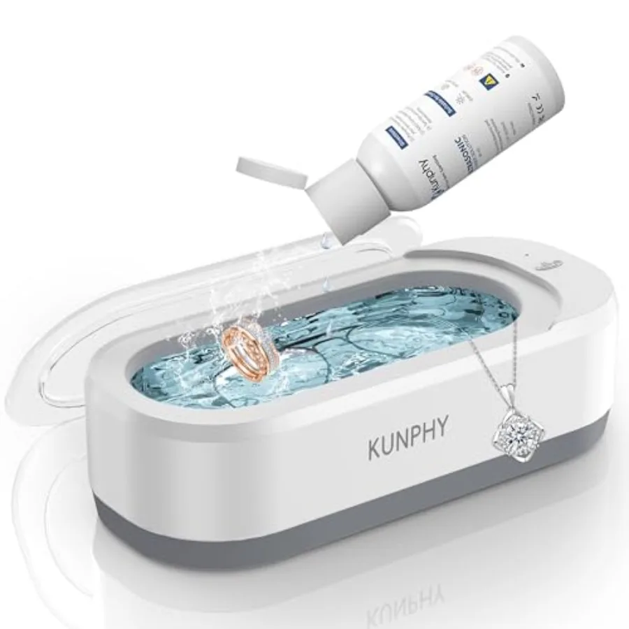 KUNPHY Jewelry Cleaner, 46KHZ, 12OZ Capacity, Ultrasonic Jewelry Cleaner with 50ml Solution, One-Touch Operation, Profional Ult