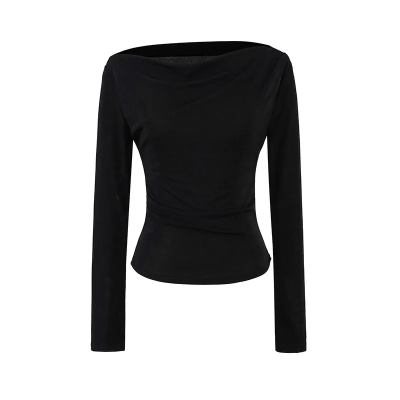 HKSH Autunno Nuove Donne Alla Moda T-Shirt Manica Lunga Pieghettato di Colore Solido Slim Fit Temperamento High Street Elegante Basic Magliette E Camicette HK10553