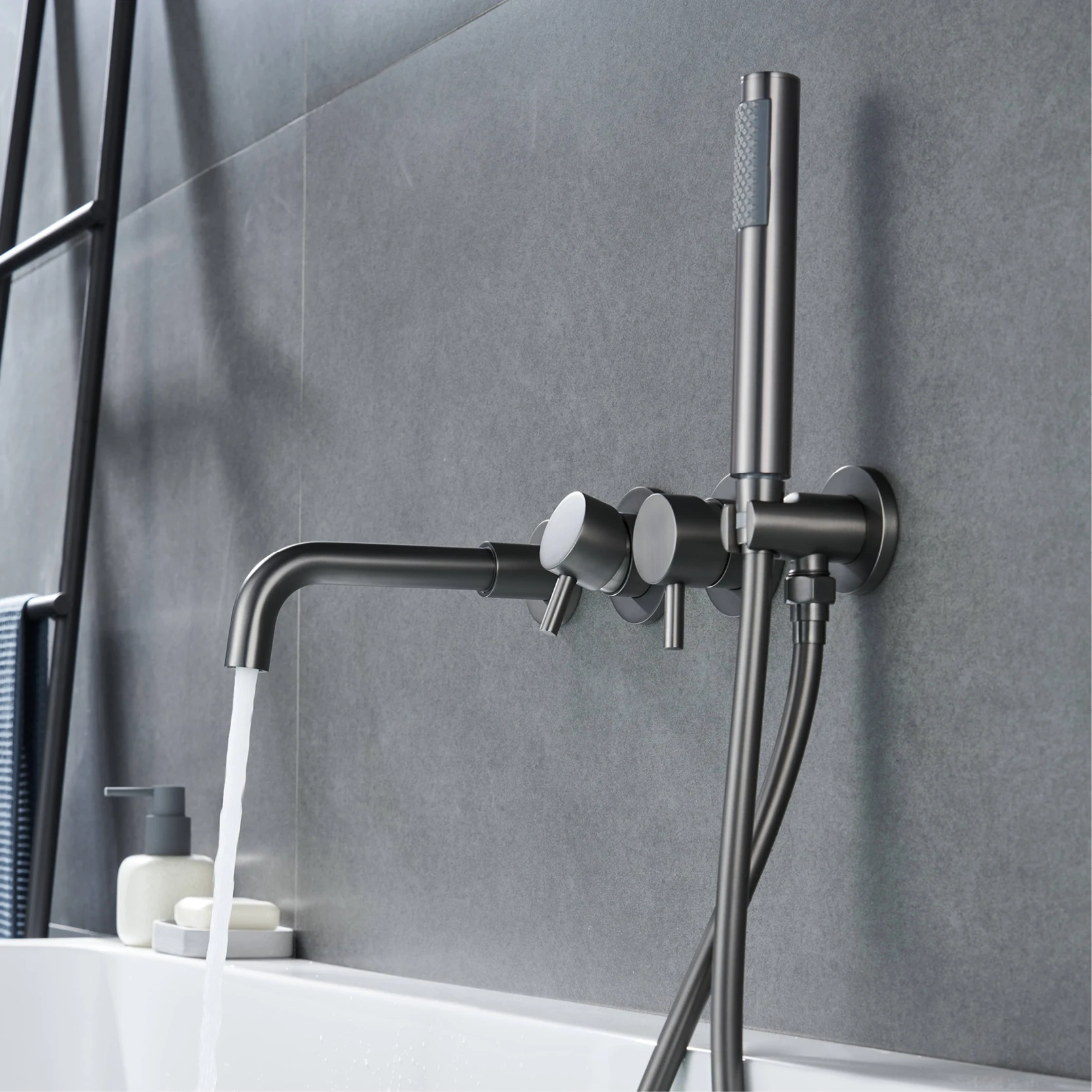 Luxury brass gun gray bathroom faucet with wall mounted design, dual handle split type cold and hot dual control bathtub Tap