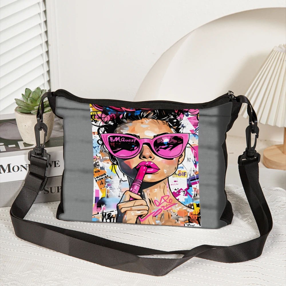1pc Fashion Crossbody Bag Gray Pop Art Woman With Pink Sunglasses And Lipstick Print Shoulder Bags For Women Casual Daily Use