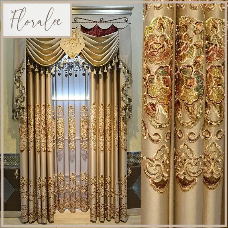 

High-end Luxury European Style Rice Embroidery Gauze Curtain Luxury Curtains for Living Dining Room Bedroom Blackout Curtains