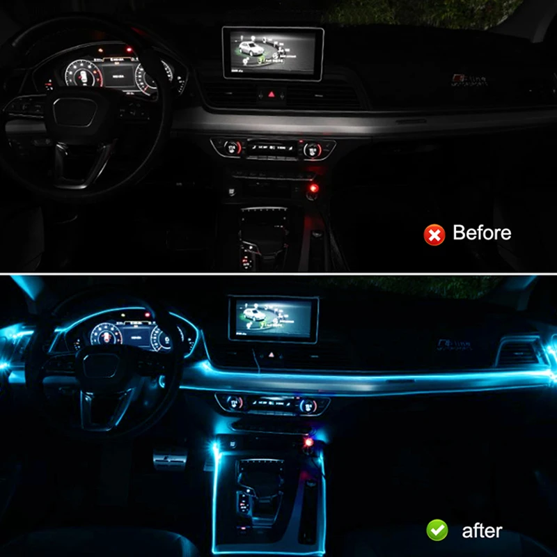 Tira de neón Led para Interior de coche, Lámpara decorativa de 1/2/3/5m, luz fría de Ambiente, iluminación automática, luces ambientales, cableado