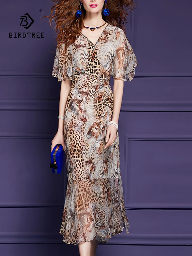 

BirdTree, 100%Real Silk Elegant Dresses, Women V Neck Short Sleeve Leopard Print, Fashion Sexy Hot Dress, 2024 Summer D45423QC